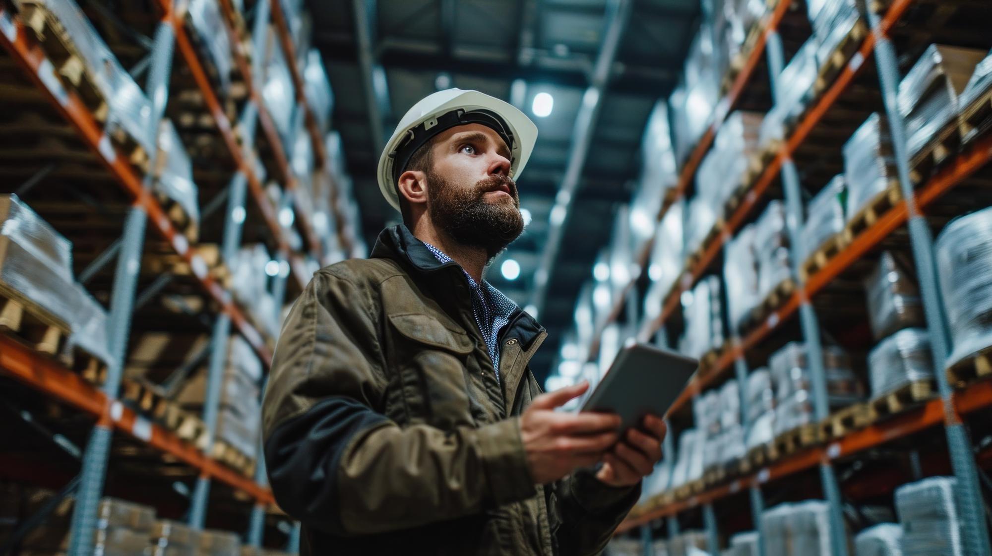 Cold chain worker scanning inventory with a tablet during seasonal peak demand in a temperature-controlled warehouse.